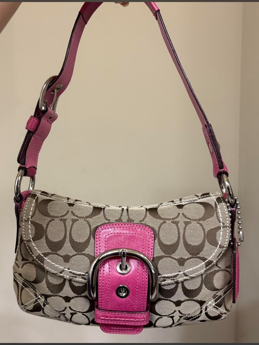 Coach Signature Canvas Shoulder Bag With Hot Pink Leather Accent